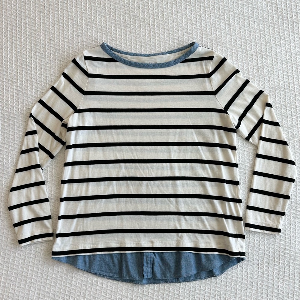 LOFT White and Black Striped Long Sleeve Top with Chambray Trim